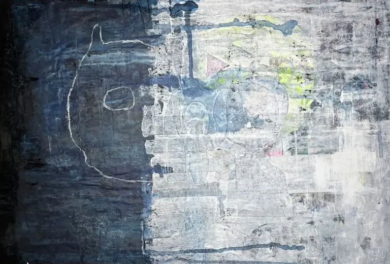 Mixed media painting by San Diego artist Theo DeHart titled Blue Drift -- large-scale work with a deep navy left half dissolving into pale gray, with faint gestural figure outlines, layered collage, and flashes of yellow-green and pink emerging through the surface
