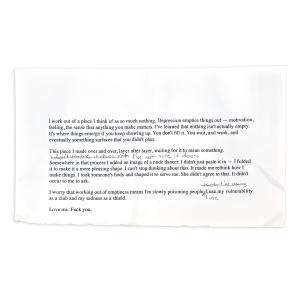 Typed artist statement on torn white paper with handwritten edits and strike-throughs in pencil. The text discusses depression, making art from “so much nothing,” and guilt over using an image of a nude dancer in a collage without consent. Handwritten notes revise phrases such as “it does” to “I’m not sure it does” and replace “I use” with “that I’m using.” The final line reads, “Love me. Fuck you.”