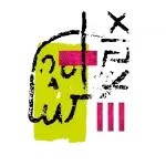 Theo DeHart artist logo - abstract collage mark with gestural black linework, chartreuse and magenta shapes