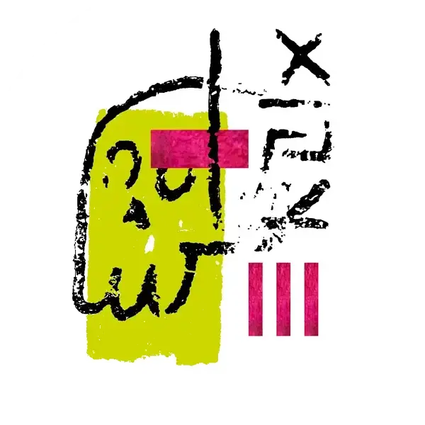 Theo DeHart artist logo - abstract collage mark with gestural black linework, chartreuse and magenta shapes